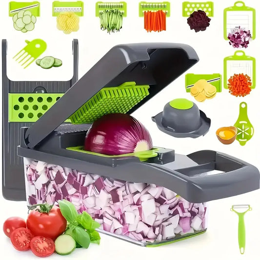 16-in-1 Manual Vegetable Chopper & Slicer - Multifunctional Kitchen Gadget for Easy Prep, Durable Plastic